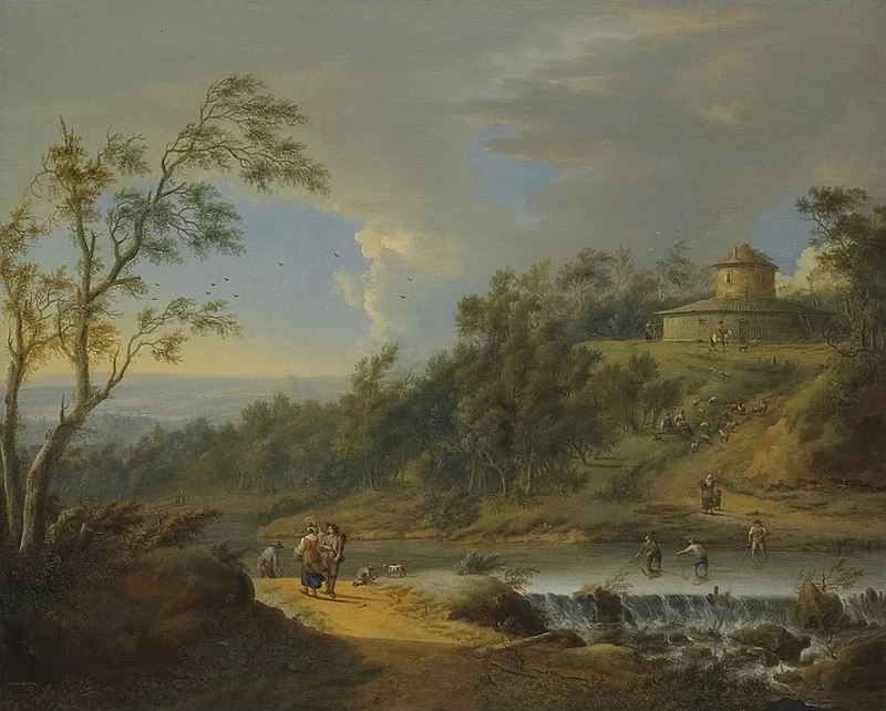 Johann Christian Vollerdt - Paesaggio fluviale con contadini